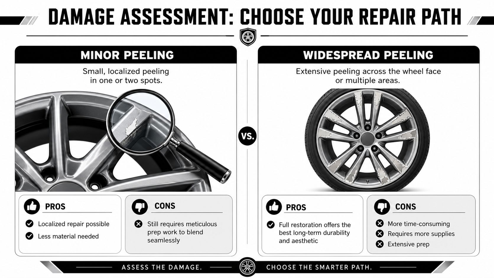 A damage assessment chart comparing minor versus widespread clear coat peeling on car wheel rims for repair.