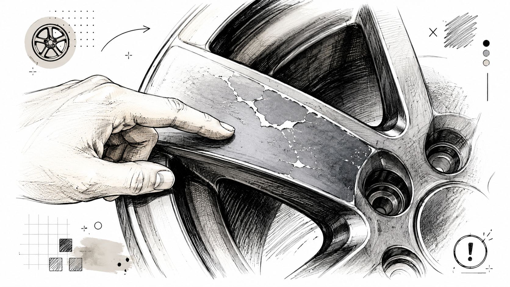 A hand touches a car wheel rim showing signs of damaged, peeling clear coat paint finish.