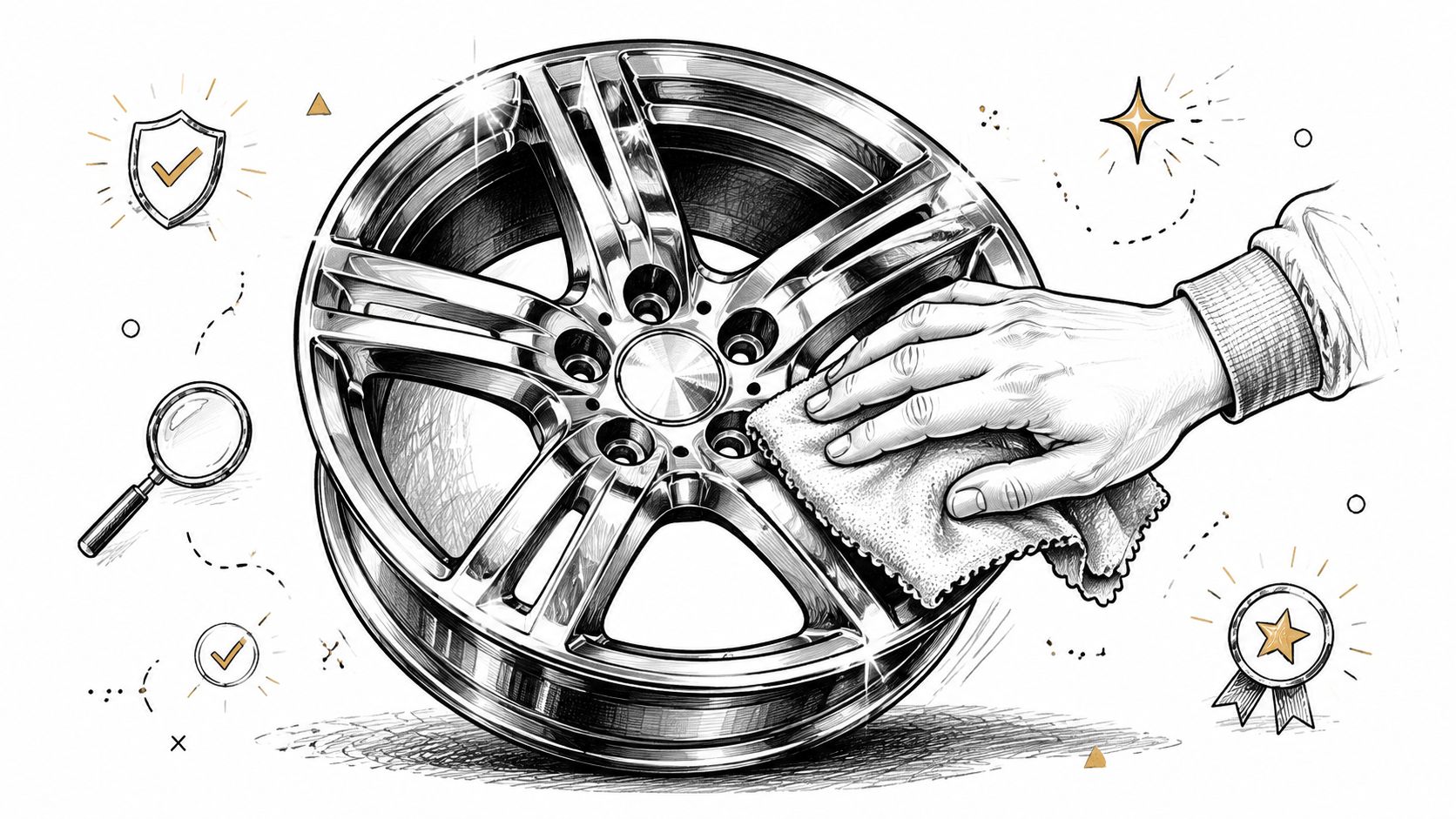 A hand wiping and polishing a clean, shiny metal car wheel rim in a detailed sketch illustration.