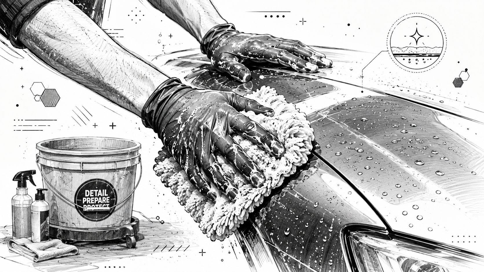 A professional detailer washing a vehicle with a wash mitt, bucket, and cleaning supplies in a sketch style.