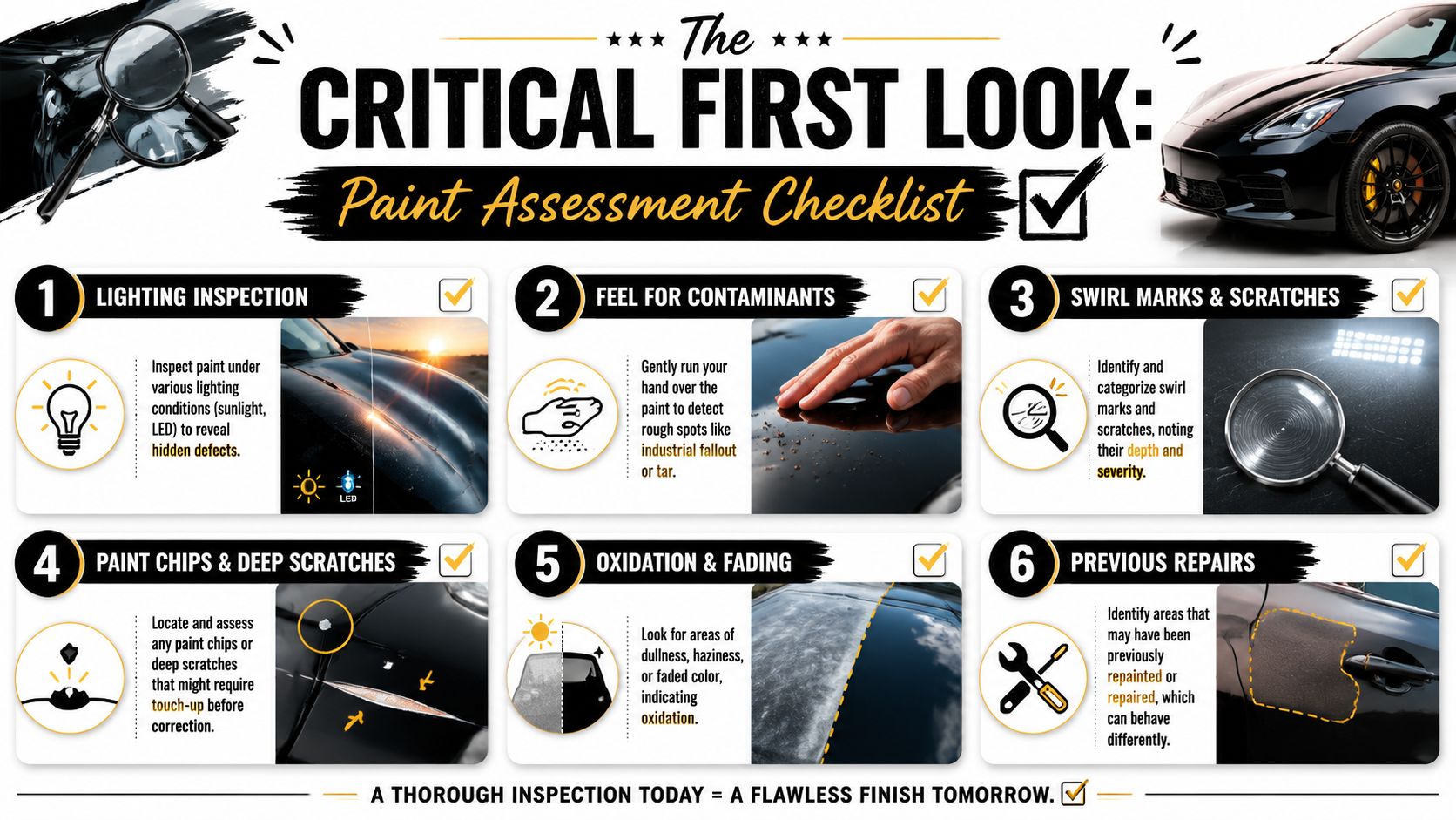 A six-step checklist titled The Critical First Look for evaluating vehicle paint condition before professional detailing.