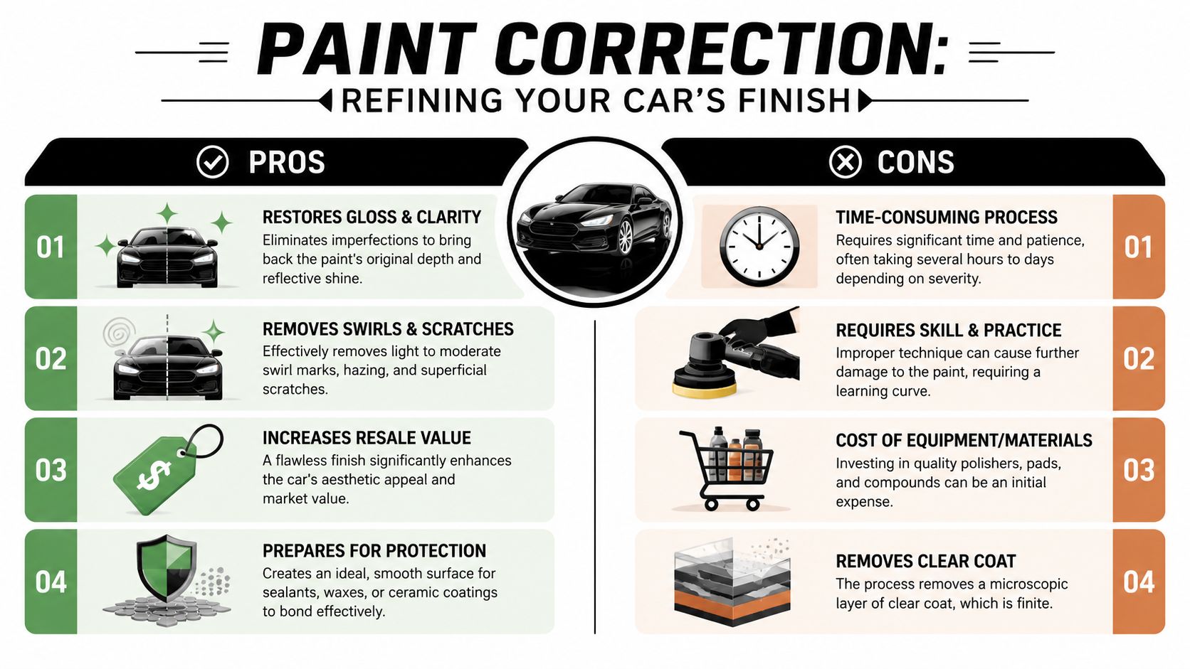 A professional infographic highlighting the pros and cons of car paint correction and refinishing processes.