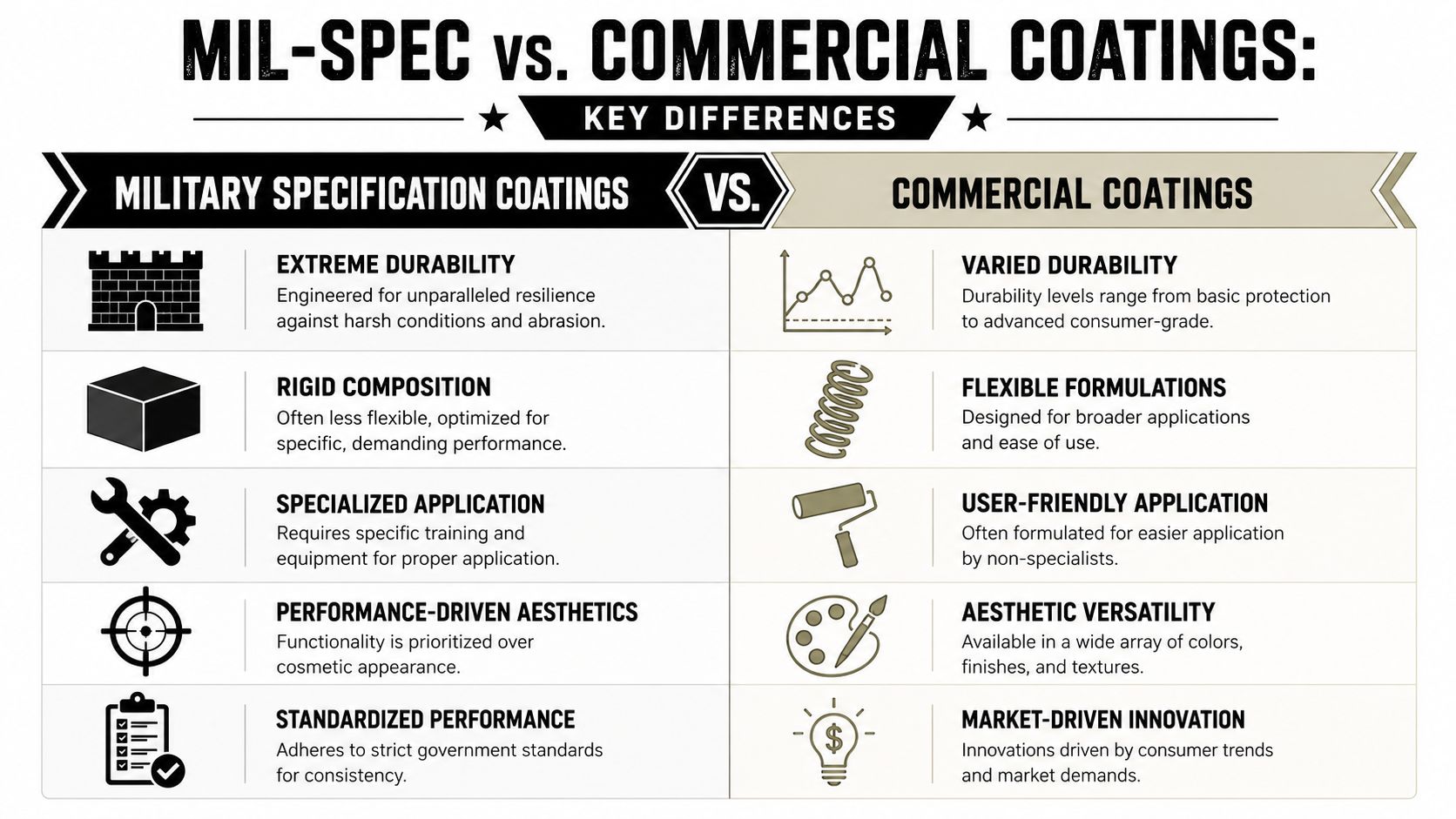 A comparison chart outlining the key differences between military specification coatings and commercial coatings for industrial applications.