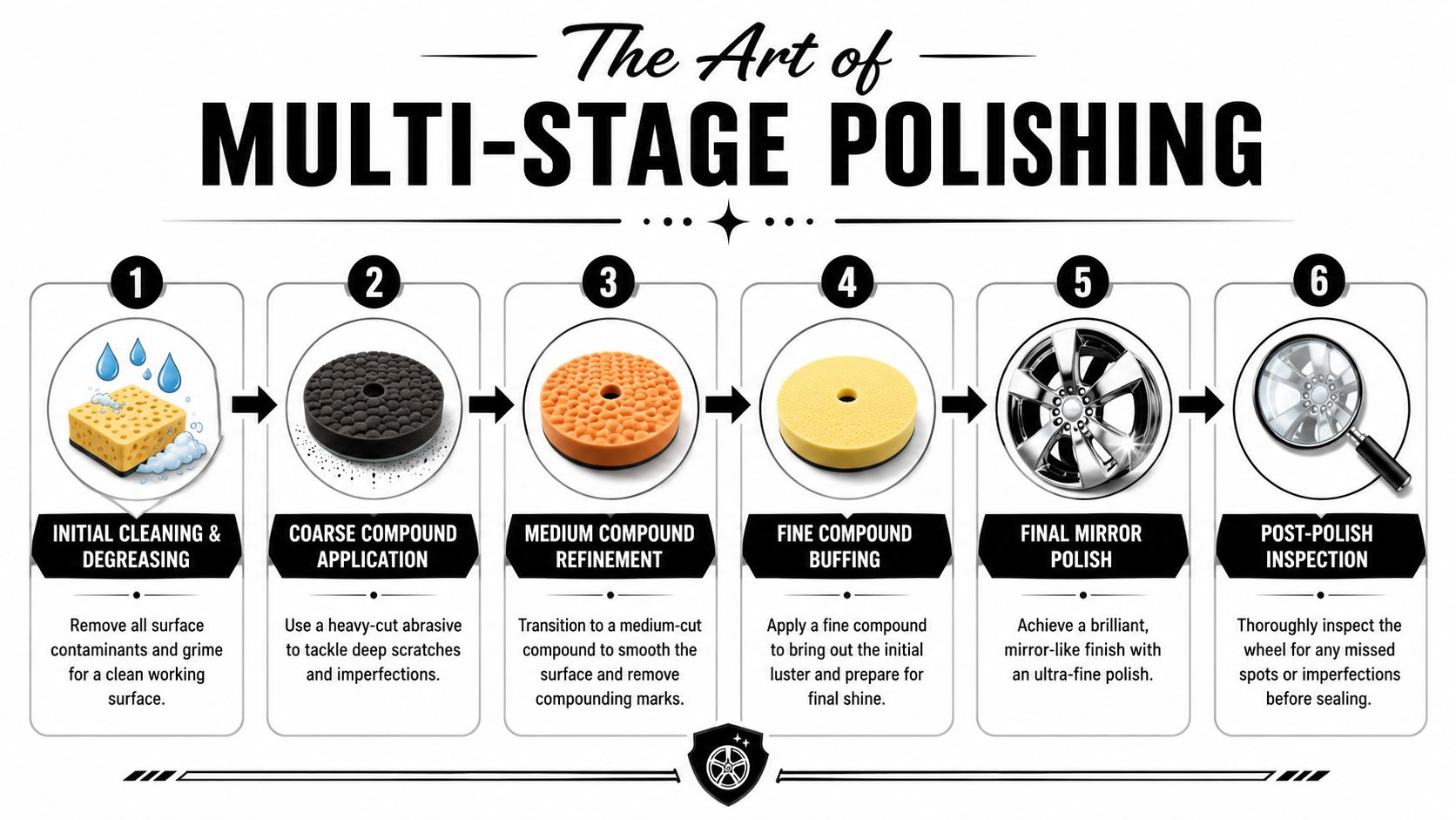 A six-step infographic guide illustrating the professional process for achieving a mirror-like finish on alloy wheels.