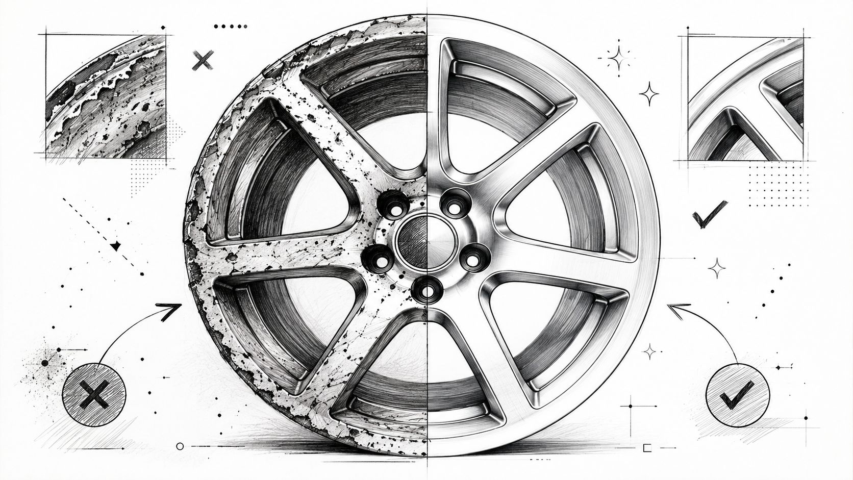 A split illustration comparing a damaged, corroded alloy wheel with a restored, polished alloy wheel.