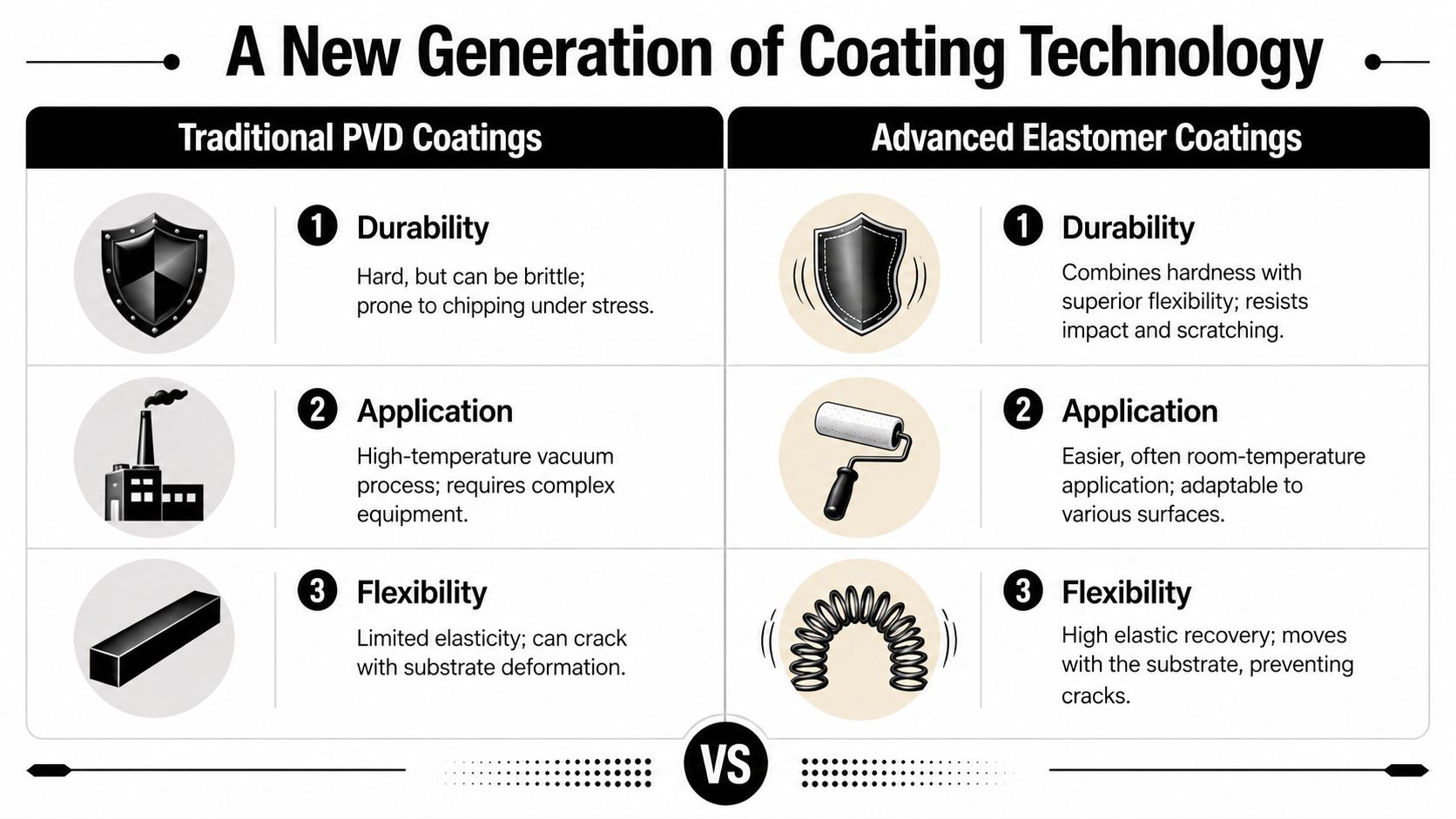 A comparison chart showing benefits of advanced elastomer coatings over traditional PVD coatings for industrial applications.