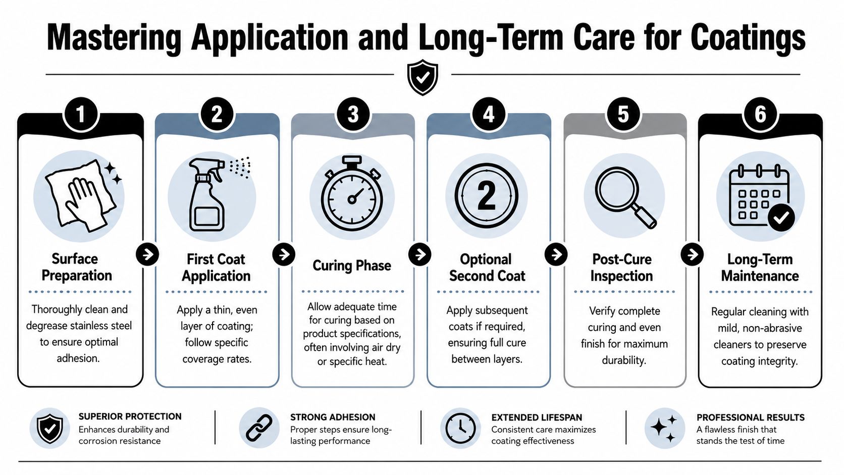 A step-by-step infographic titled Mastering Application and Long-Term Care for Coatings on stainless steel surfaces.