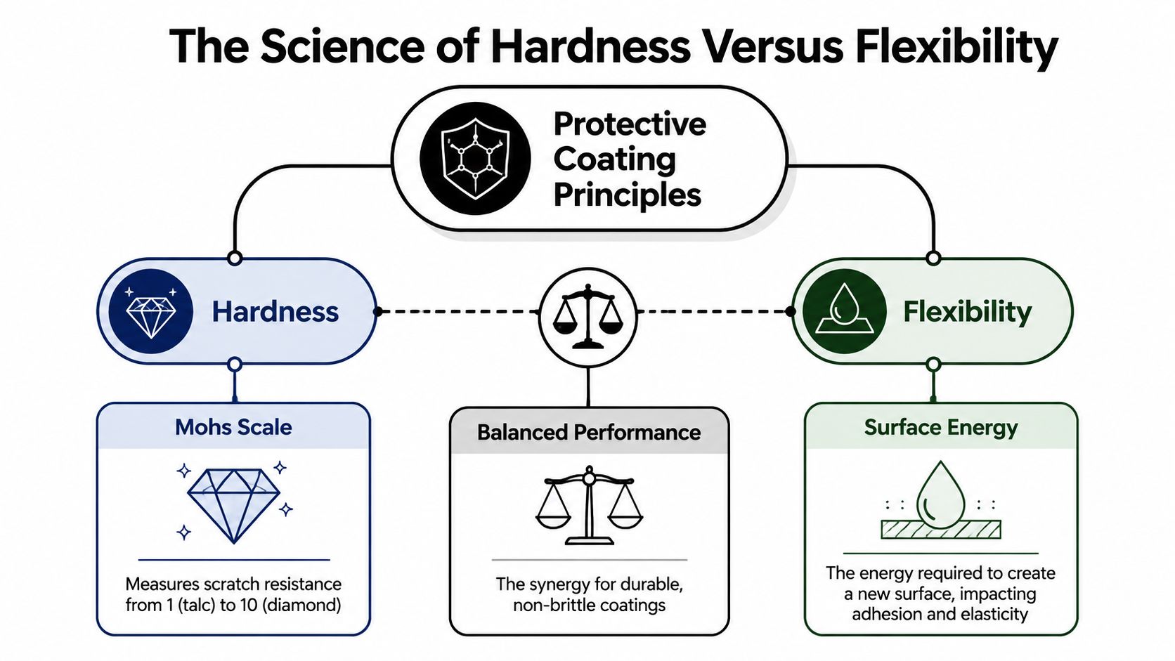 A diagram illustrating the science of hardness versus flexibility in protective coatings for durable surfaces.