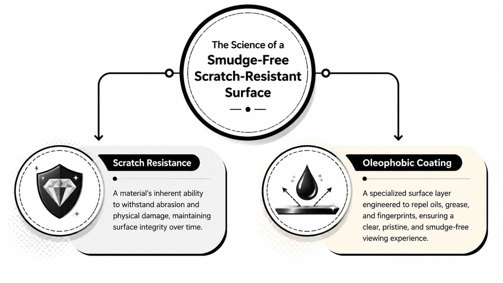A diagram explaining the science of scratch-resistant surfaces including scratch resistance and oleophobic coating technology.