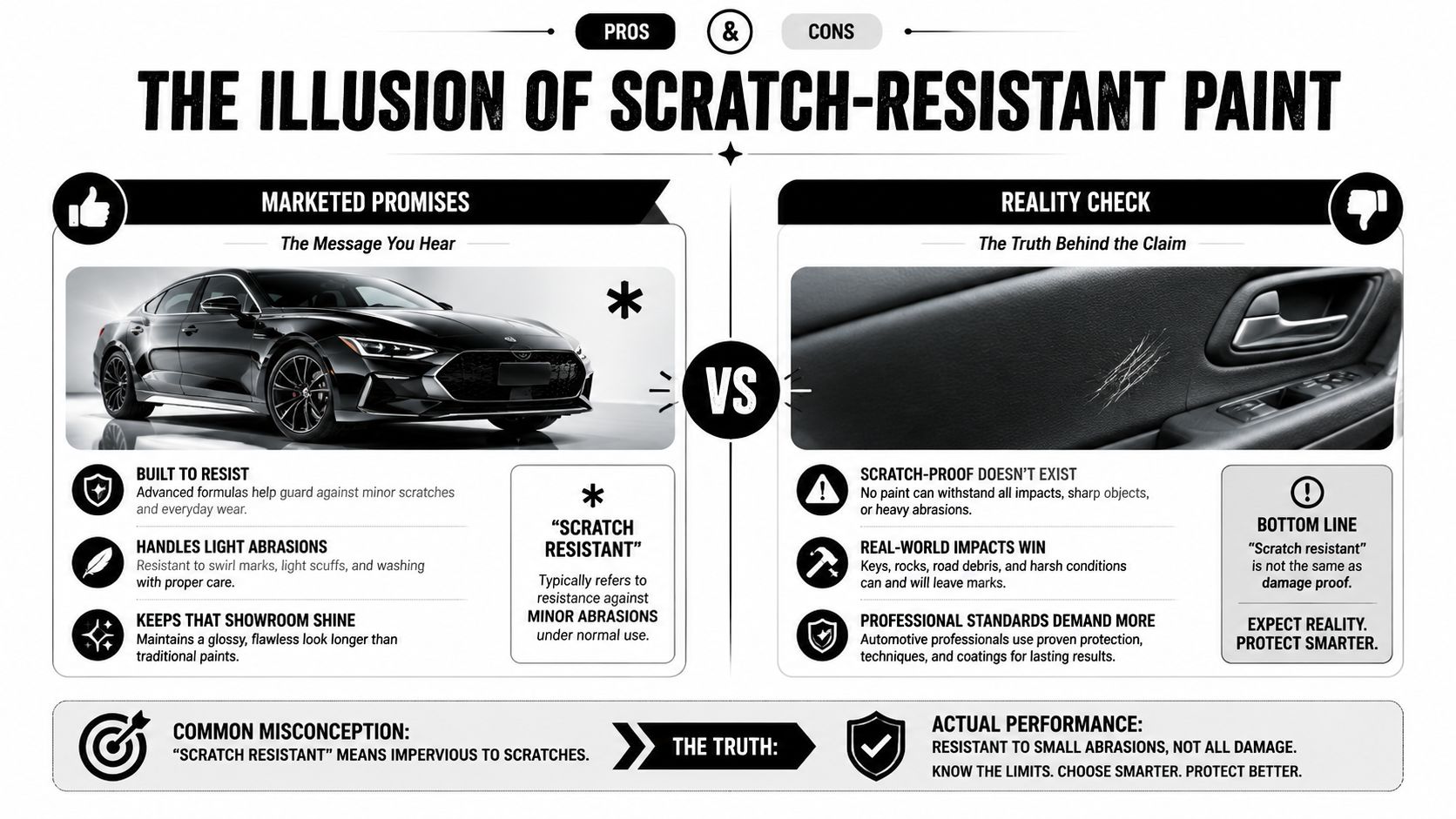 A comparison infographic titled The Illusion of Scratch-Resistant Paint, contrasting marketing promises with reality for car owners.