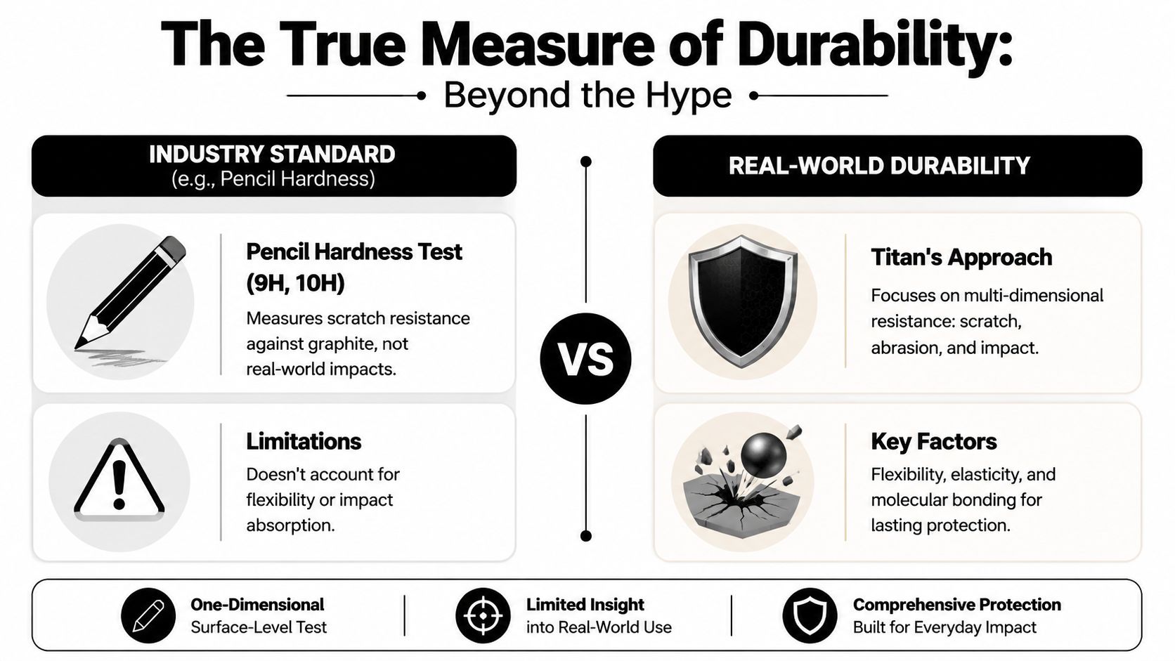 A comparison chart showing industry standard pencil hardness tests versus Titan's real-world multi-dimensional durability approach.
