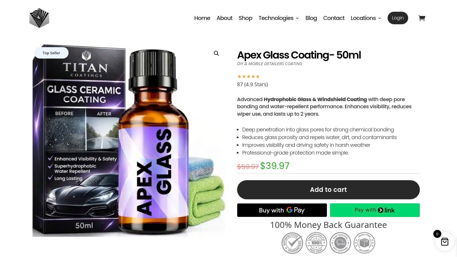 Screenshot from https://titancoatings.us/product/apex-glass-ceramic-coatings/