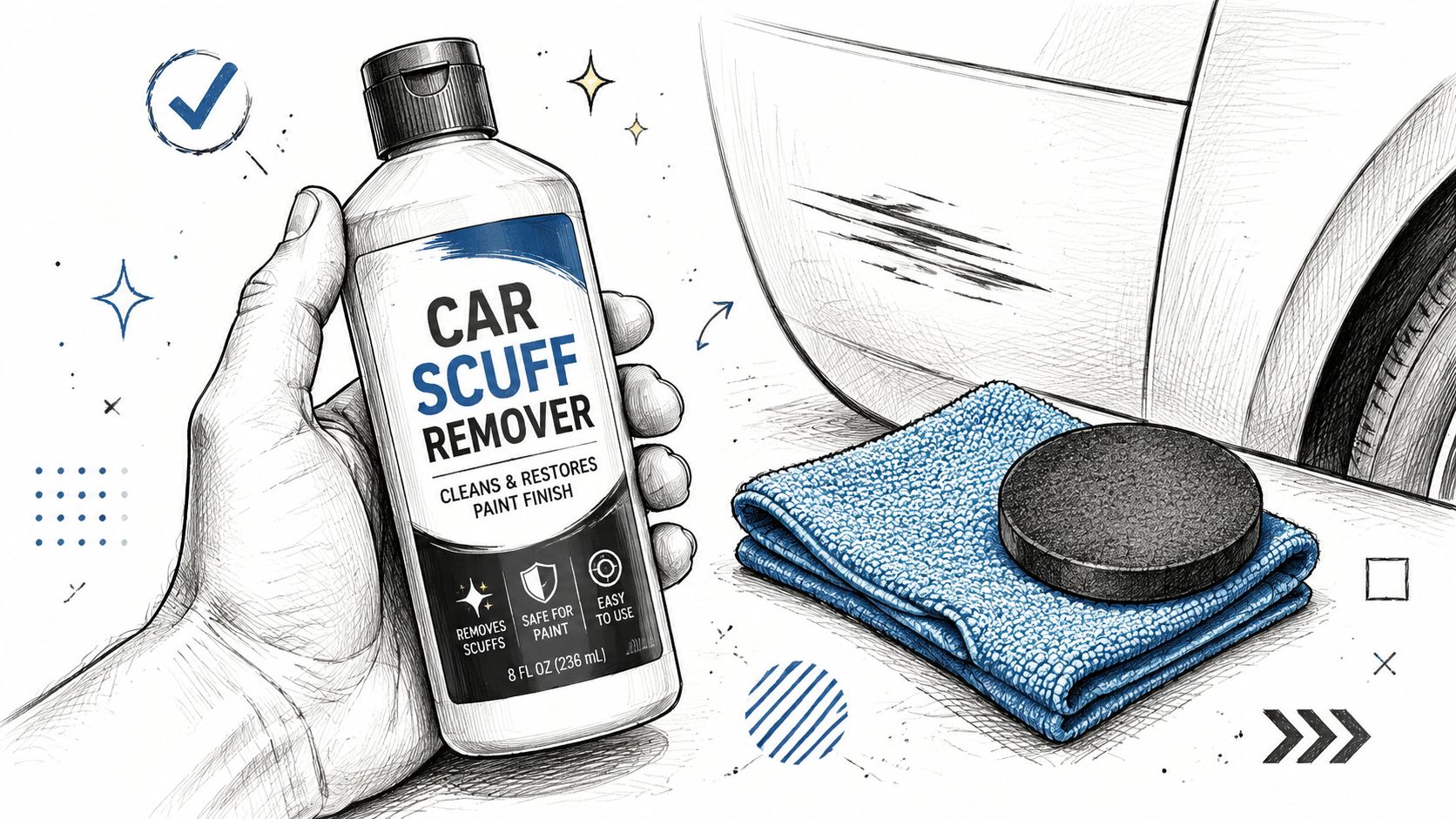 A hand holding a bottle of car scuff remover next to a blue cloth and applicator sponge.