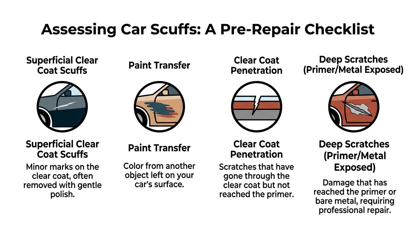 An educational infographic chart explaining four different types of car scuffs and their repair requirements.