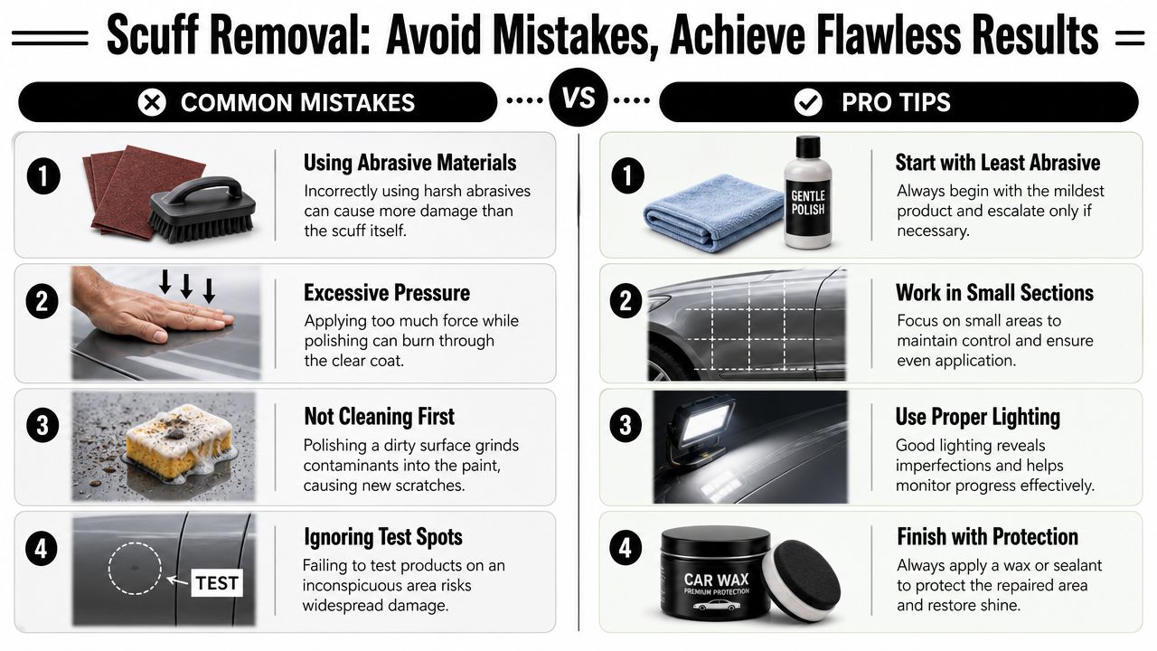 An infographic comparing common mistakes versus pro tips for effective and safe car scuff removal.