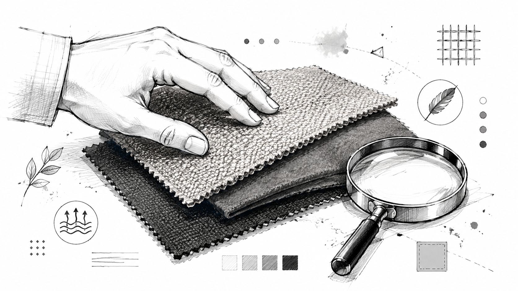 A hand touching a stack of textured fabric swatches next to a magnifying glass for quality inspection.