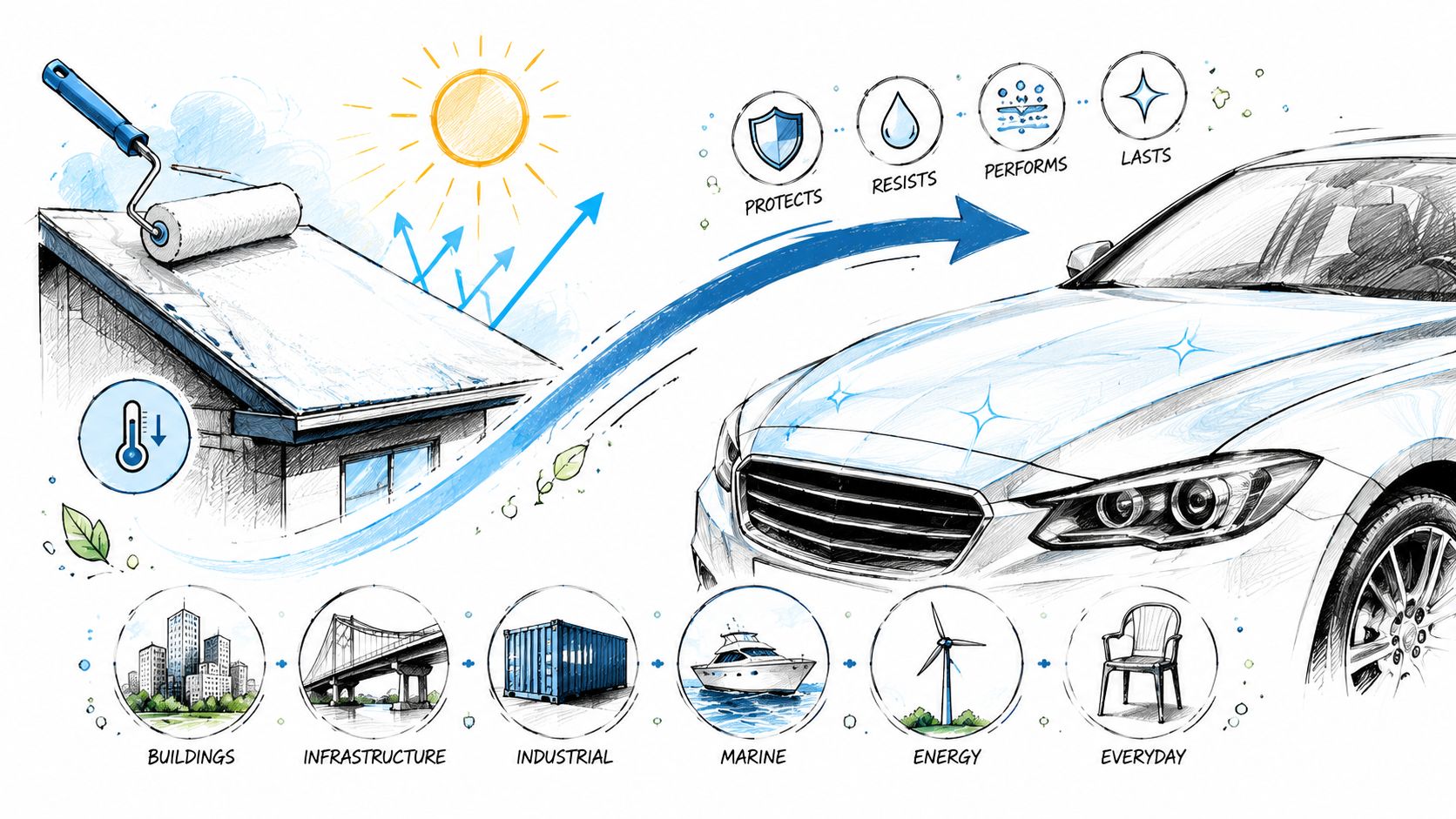 An illustration showing roof paint providing sun protection for buildings, infrastructure, and various everyday industrial applications.