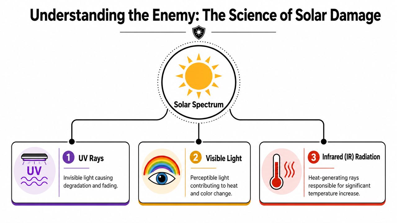 An infographic titled Understanding the Enemy showing the components of the solar spectrum causing damage.