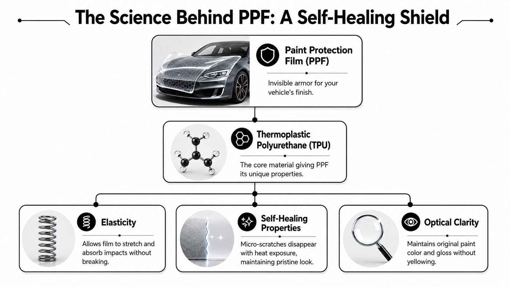 A diagram illustrating the science of car paint protection film featuring its core material and benefits.