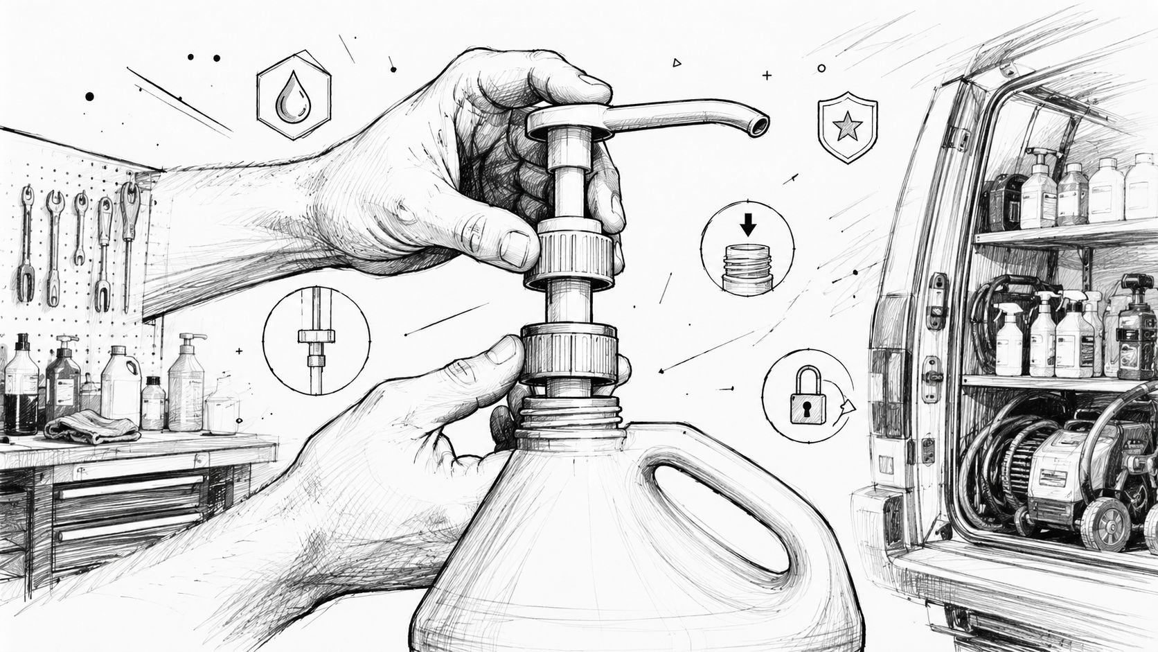Detailed sketch showing a person assembling a pump dispenser onto a large plastic chemical jug.