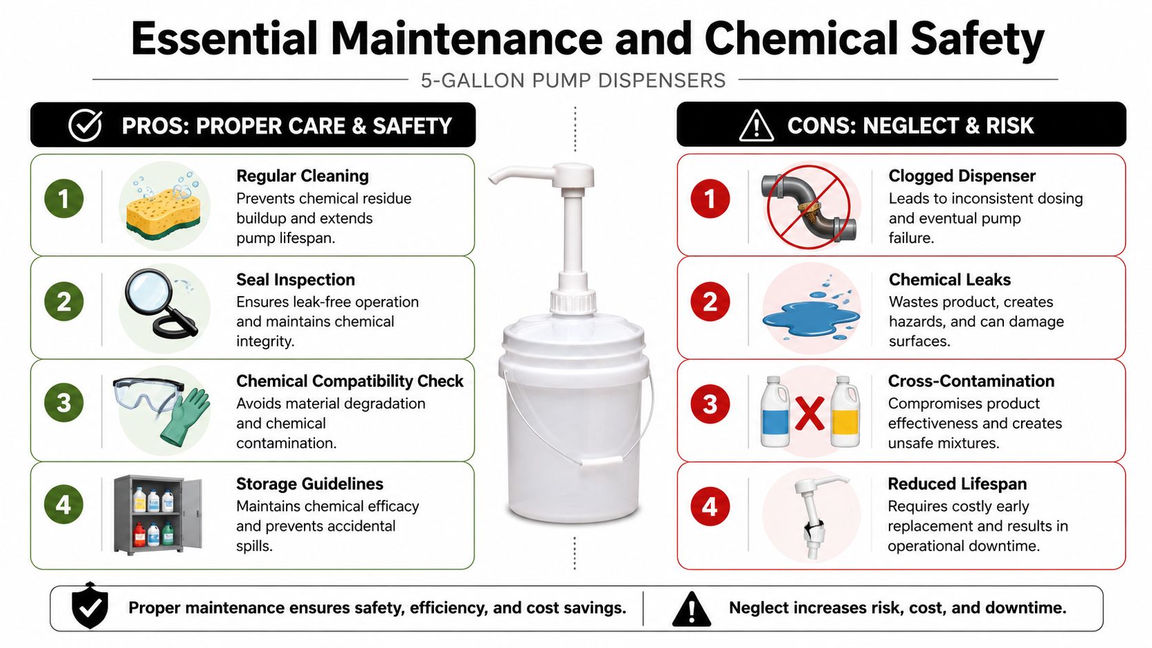 An infographic comparing the benefits of proper 5-gallon pump dispenser maintenance against the risks of neglecting it.