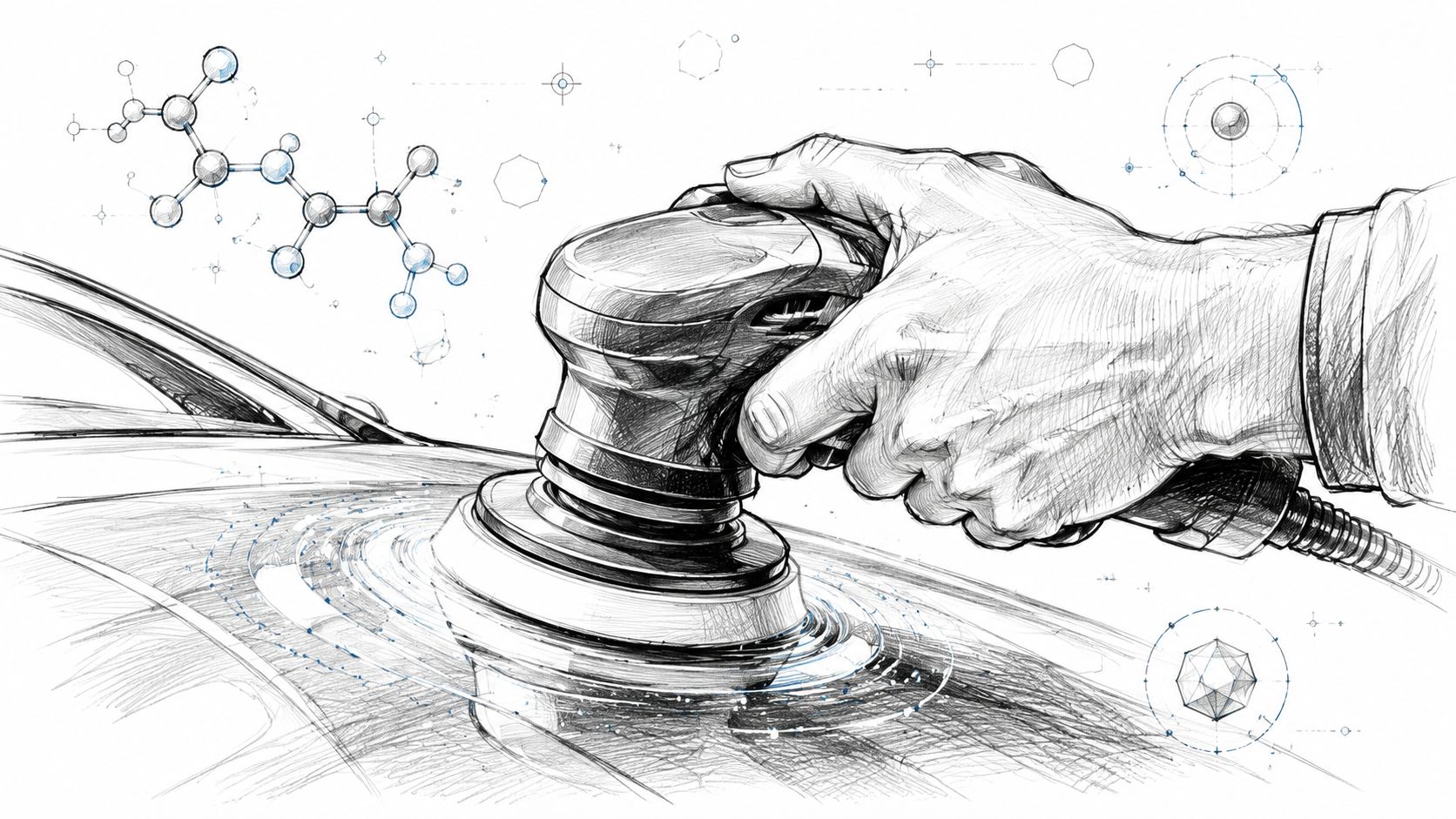 A pencil sketch of a hand using an auto detail buffer on a car surface.
