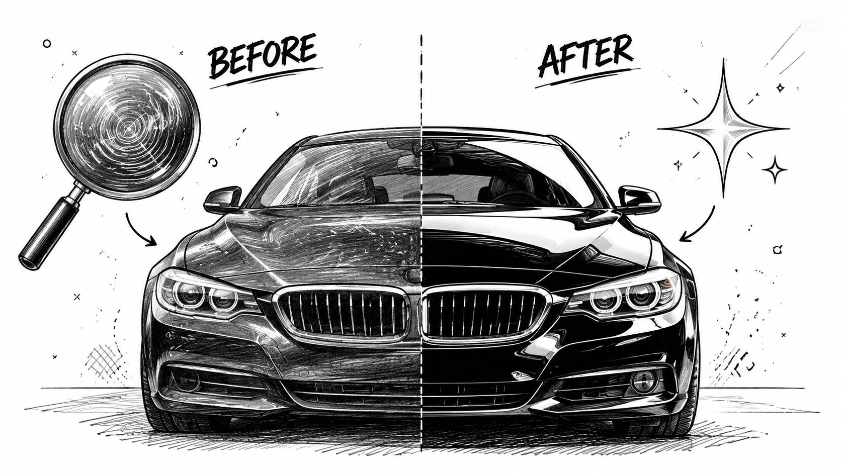 A split-screen illustration showing a car's hood before and after professional auto detailing and paint correction services.