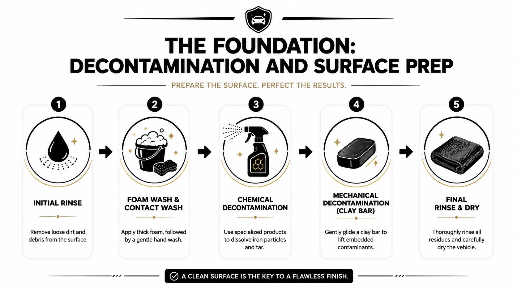A step-by-step infographic illustrating the professional car decontamination and surface preparation process for auto detailing.