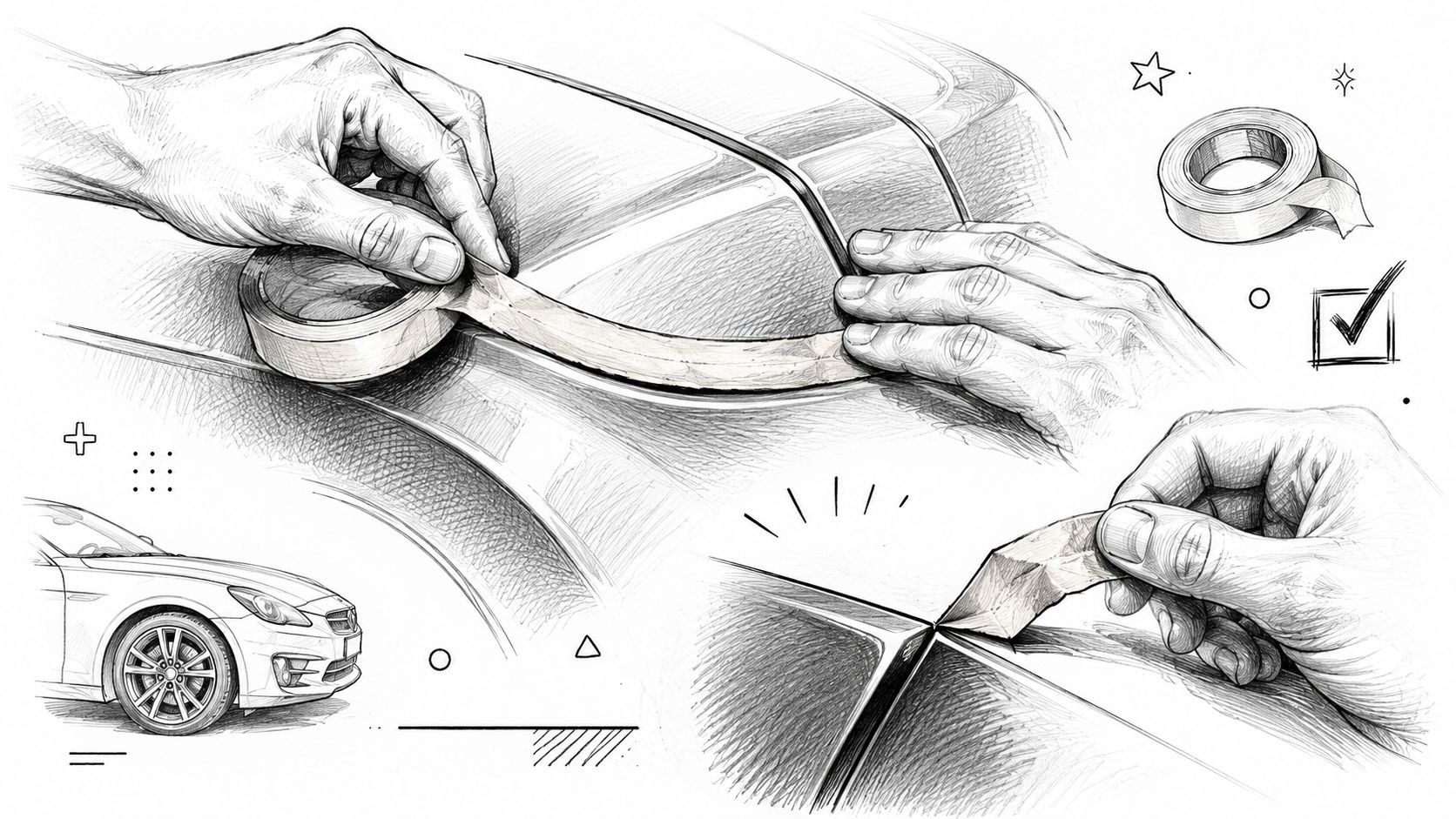 A detailed pencil sketch showing hands applying automotive masking tape to a car surface for painting preparation.