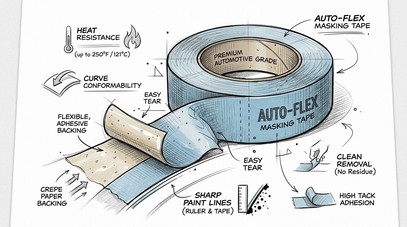 A detailed technical drawing illustration showcasing the features and benefits of Auto-Flex premium automotive masking tape.