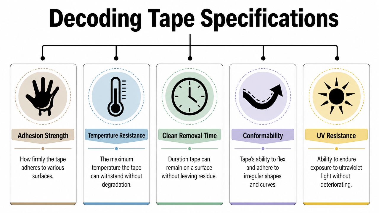 A visual guide illustrating five key technical specifications to consider when selecting industrial adhesive tape.