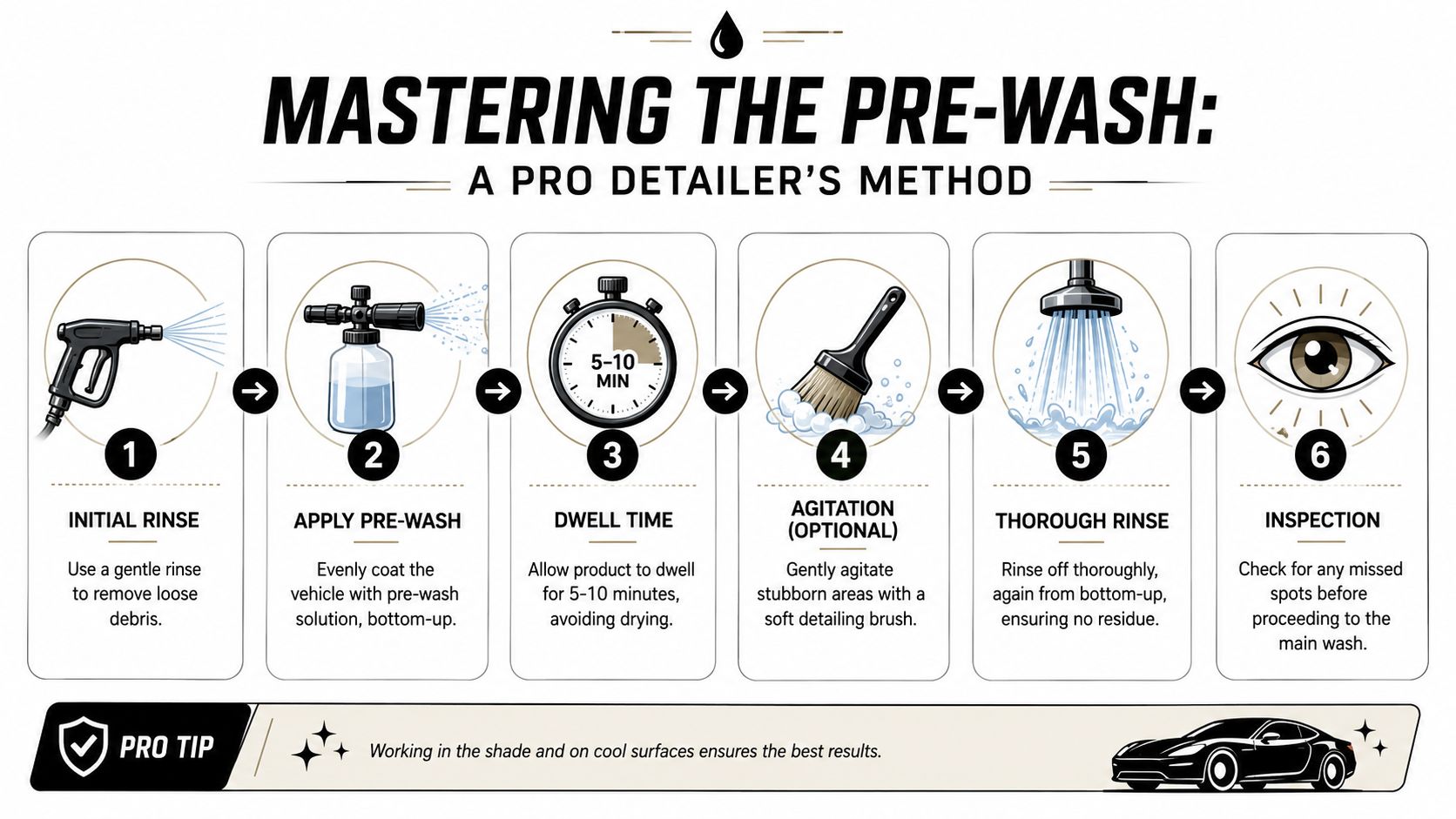 A six-step infographic illustrating the professional method for performing a pre-wash on a vehicle.