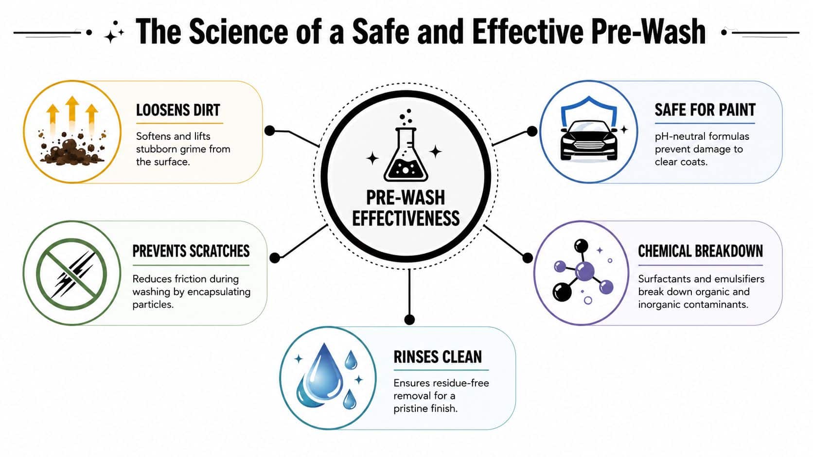 An infographic titled The Science of a Safe and Effective Pre-Wash explaining car cleaning benefits.