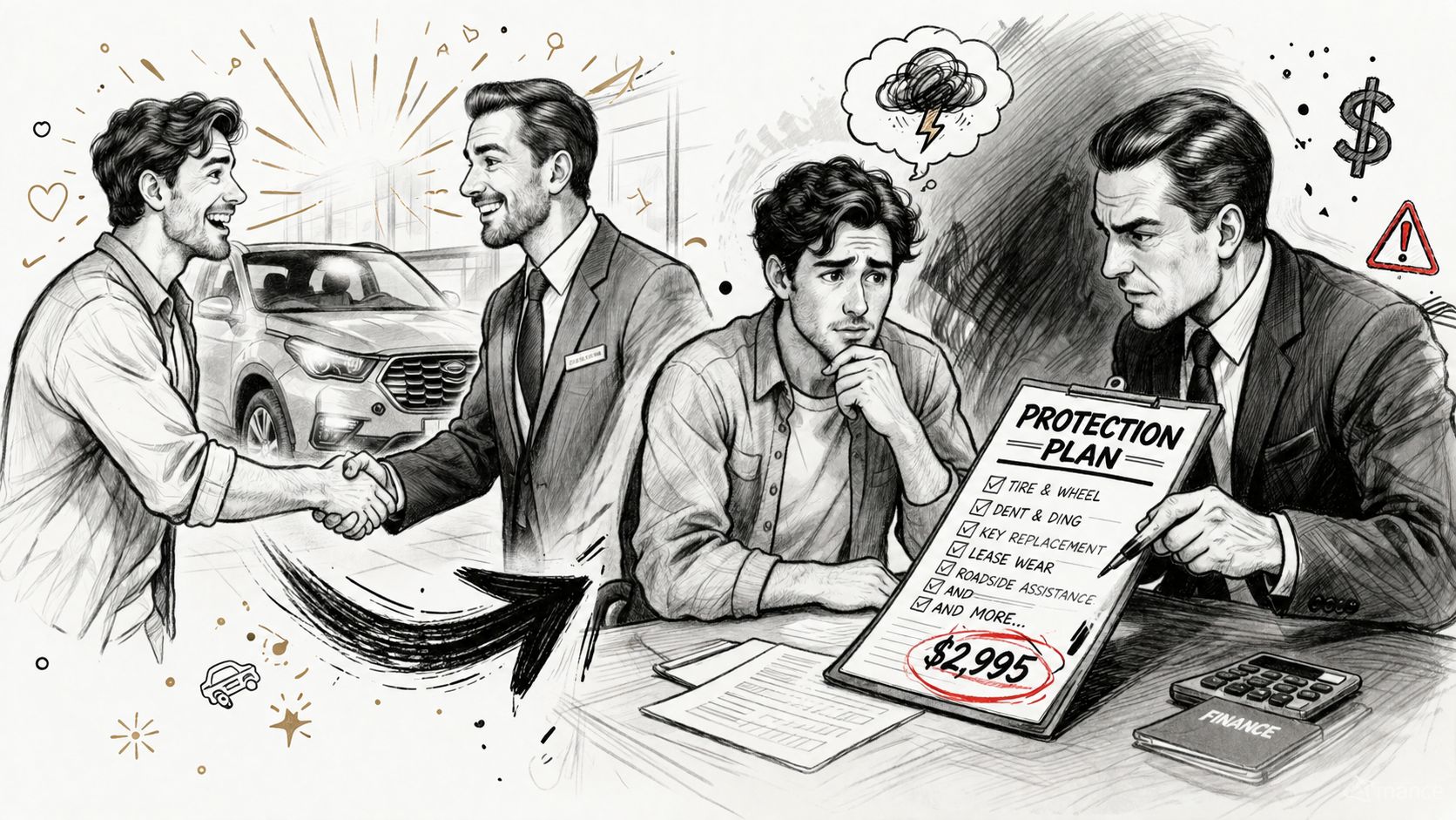A car buyer shaking hands with a dealer, transitioning to a stressful meeting about expensive protection plans.
