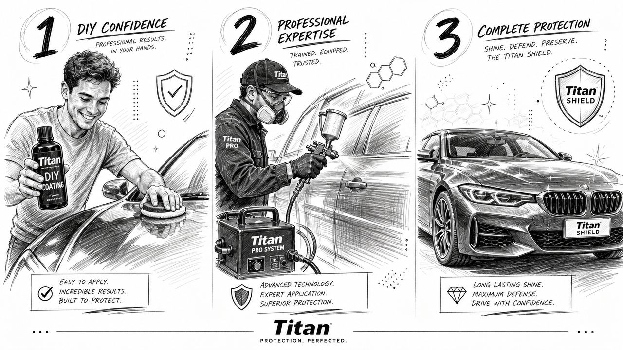 An illustration showing three steps of car paint protection from DIY application to professional service and final results.
