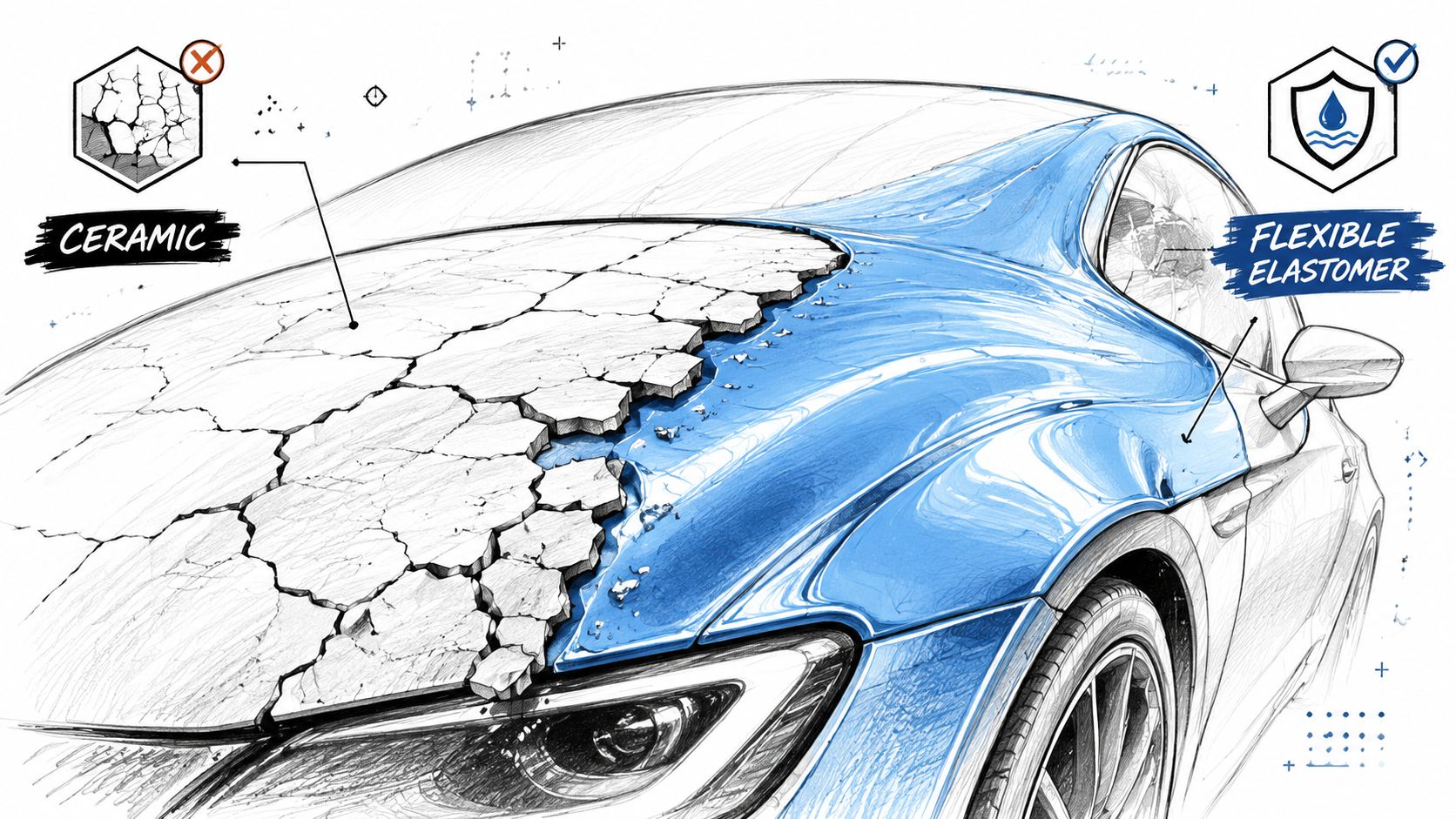 A split comparison illustration showing cracked ceramic coating versus smooth and flexible elastomer car paint protection.