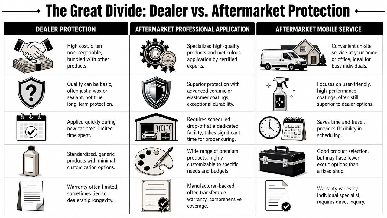 A comparison chart outlining the differences between car dealer protection, aftermarket professional application, and mobile service.