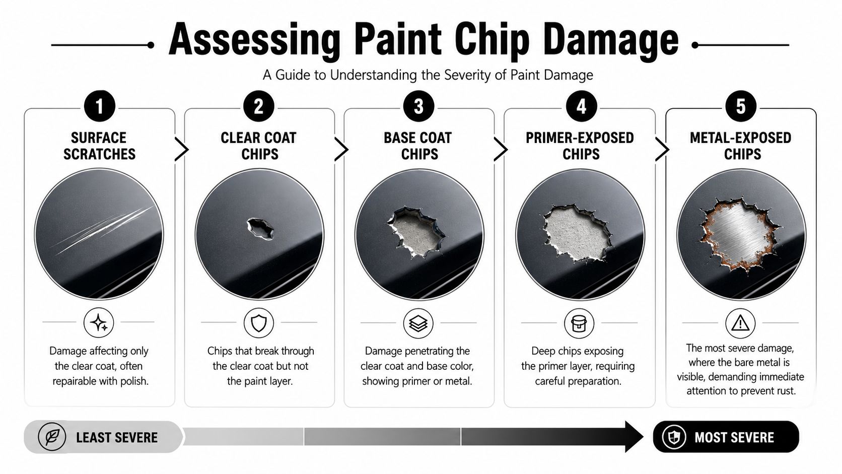 An educational chart displaying five levels of car paint damage, from surface scratches to metal-exposed chips.