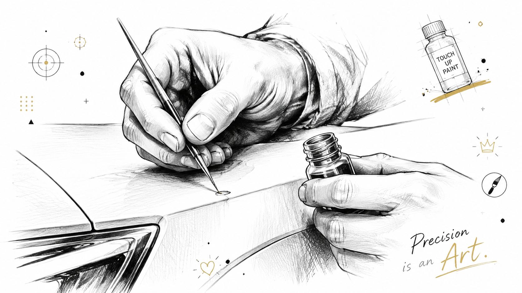 A detailed sketch of a person applying precise touch-up paint to a car exterior surface.