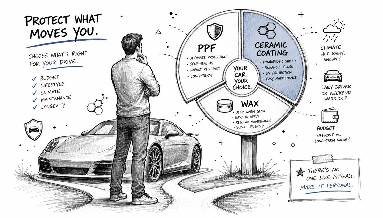 A man stands before a sign comparing car paint protection methods like PPF, ceramic coating, and wax.
