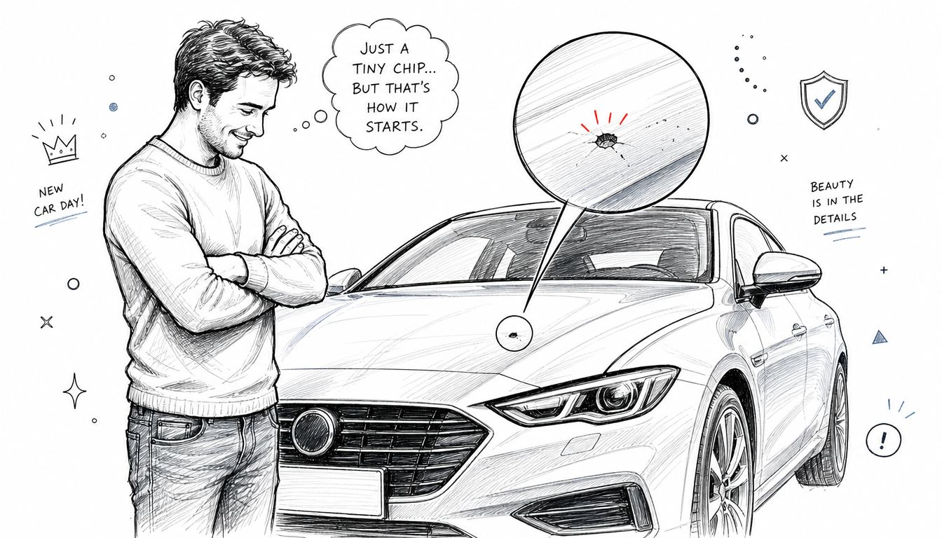 A man looks at a small chip on his new car hood, emphasizing the need for paint protection.