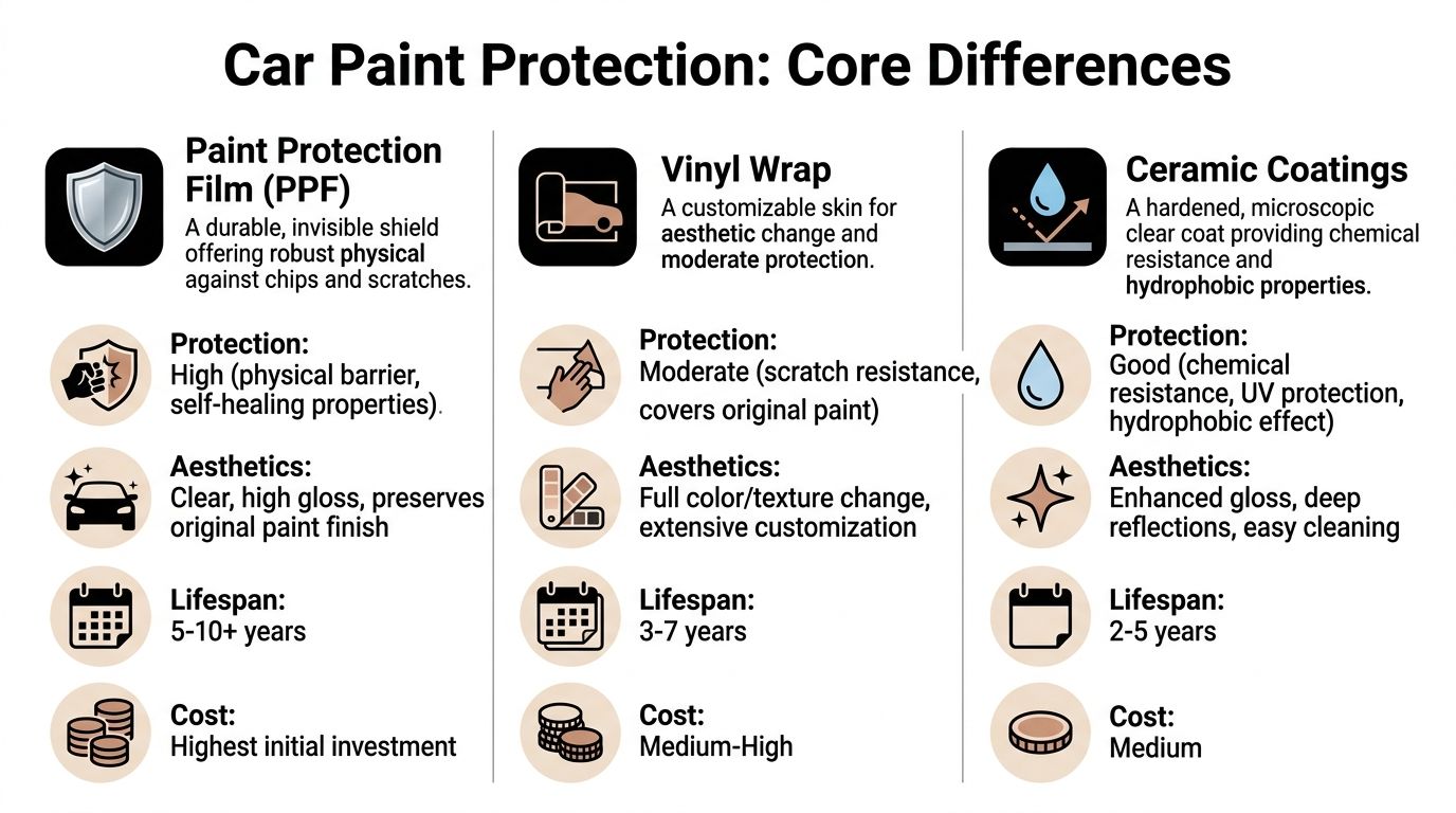 A comparison chart explaining the core differences between car paint protection film, vinyl wraps, and ceramic coatings.