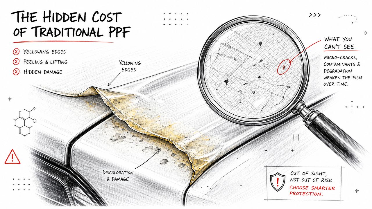 A pencil sketch illustration showing the negative effects of traditional car paint protection film like yellowing and cracking.
