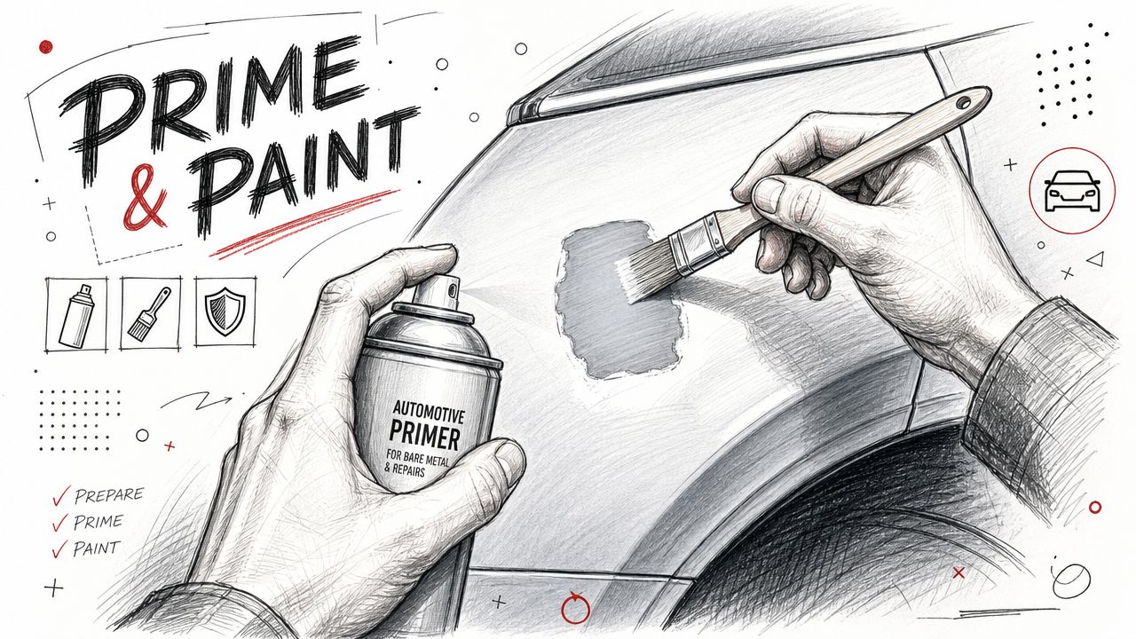 An illustration showing hands using a brush and automotive primer spray to repair car paint damage.
