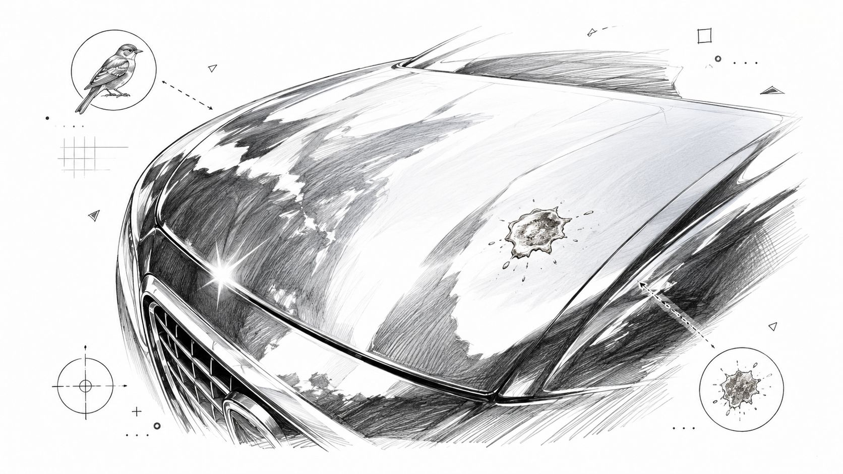 A pencil sketch of a car hood showing bird droppings and a chemical resistant coating concept.