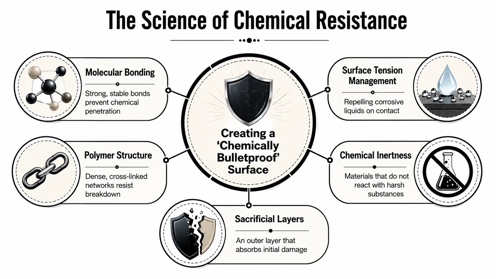 An infographic explaining the science of chemical resistance through five key factors like molecular bonding and surface tension.