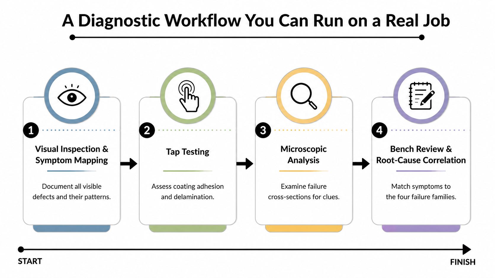 A four-step diagnostic workflow infographic for coating failure analysis, illustrating inspection and testing procedures.