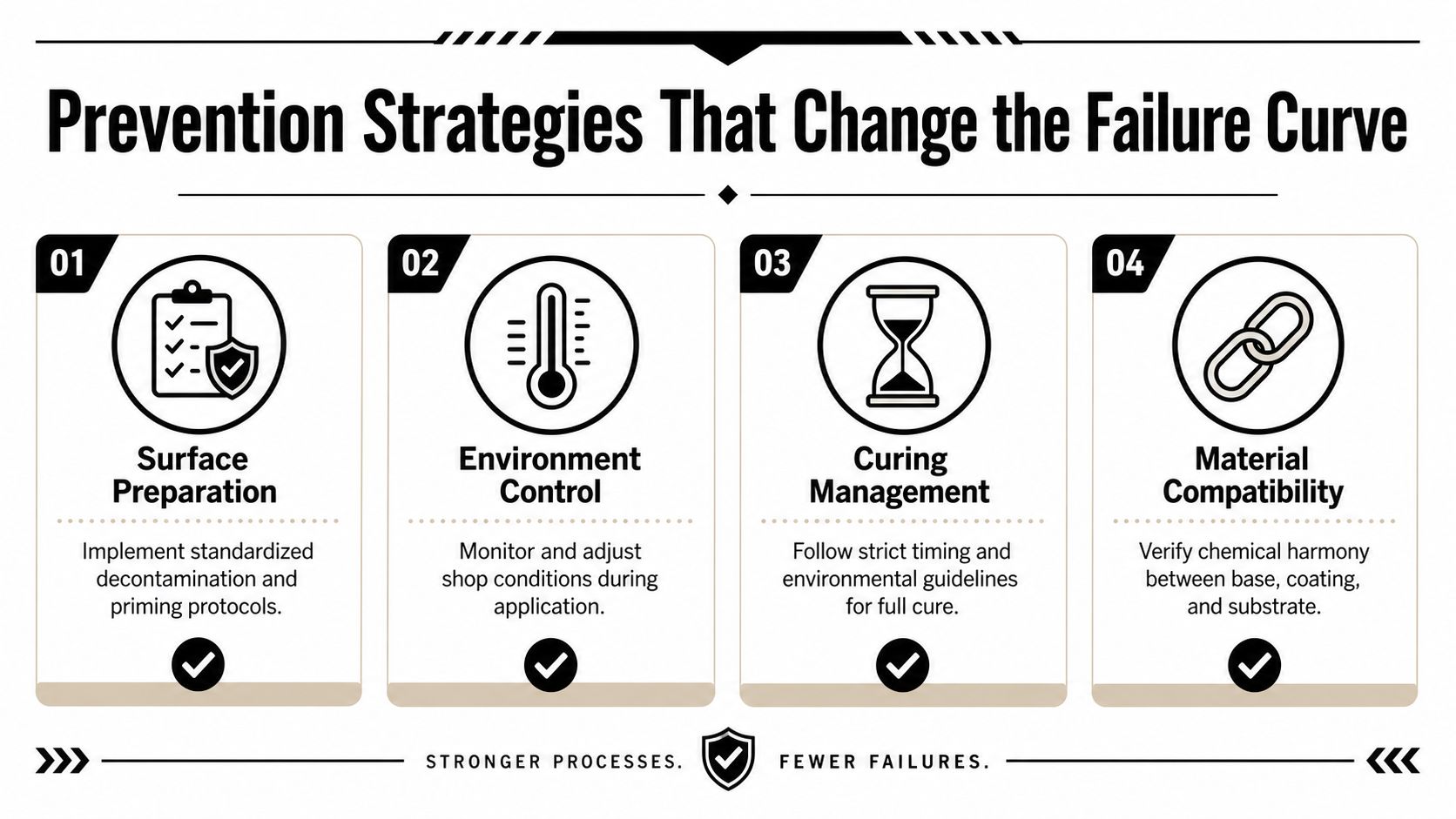 A four-step infographic showing industrial prevention strategies to reduce coating failures through process control.
