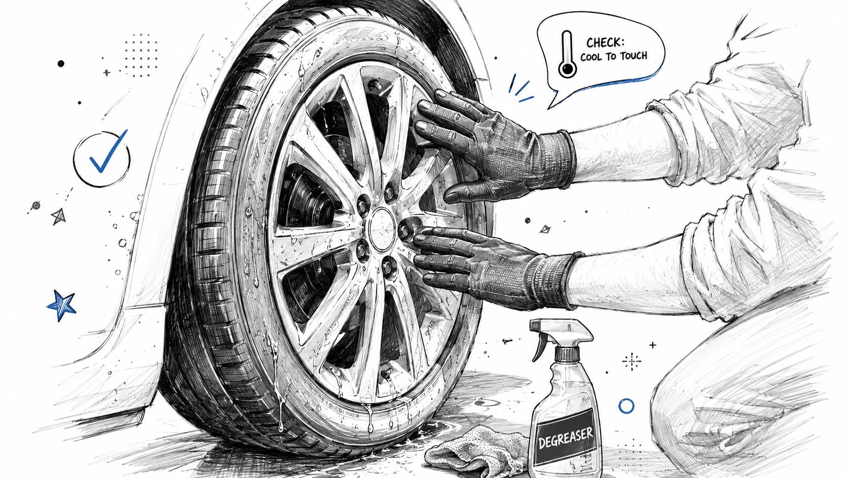A person wearing protective gloves applying degreaser to a car wheel while checking if it is cool.
