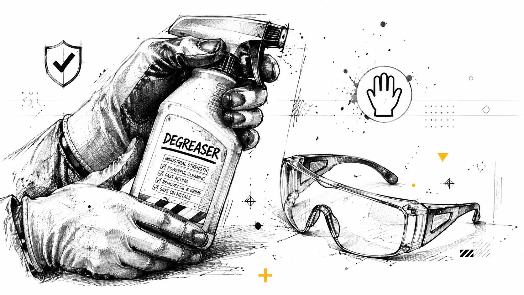 A detailed ink sketch of gloved hands holding a bottle of industrial degreaser next to safety glasses.